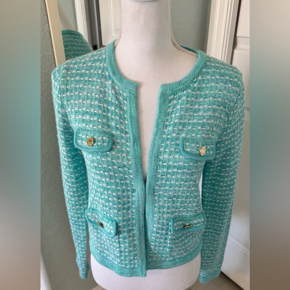 Lilly Pulitzer Small Aqua Textured Knit Cardigan Gold Buttons Preppy Coastal